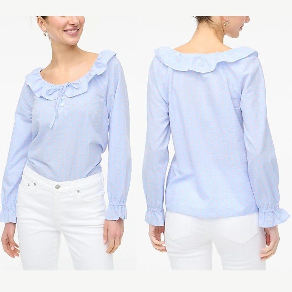 J Crew Cotton Printed Blue Top Women's Long-Sleeve Ruffle‎ Shirt Large Petite